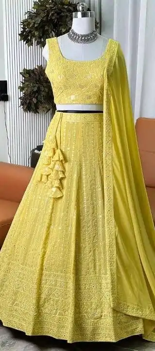 DC L44 Yellow Color Georgette Multi Needle Work Lehenga Choli Casual, Wedding, Party, Festive, Events Etc. Expected Delivery 4-6 Working Days @2549/- | Lehenga, Bollywood Lehenga, Creative Lehenga, Designer Lehenga, Embroidered Lehenga, Party Wear Lehenga