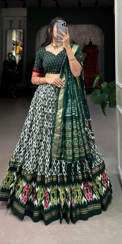 LNB 1223 Green Color Aglow Tussar Silk Ikkat Print Foil Work Lehenga Choli Wedding, Festive, Events Expected Delivery 4-6 Working Days@2449/- Only | Lehenga, Bollywood Lehenga, Creative Lehenga, Designer Lehenga, Embroidered Lehenga, Party Wear Lehenga