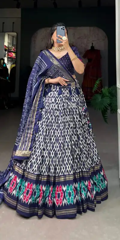 LNB 1223 Navy Blue Color Aglow Tussar Silk Ikkat Print Foil Work Lehenga Choli Wedding, Festive, Events Expected Delivery 4-6 Working Days@2449/- Only | Lehenga, Bollywood Lehenga, Creative Lehenga, Designer Lehenga, Embroidered Lehenga, Party Wear Lehenga