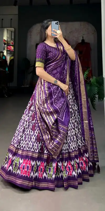 LNB 1223 Purple Color Aglow Tussar Silk Ikkat Print Foil Work Lehenga Choli Wedding, Festive, Events Expected Delivery 4-6 Working Days@2449/- Only | Lehenga, Bollywood Lehenga, Creative Lehenga, Designer Lehenga, Embroidered Lehenga, Party Wear Lehenga