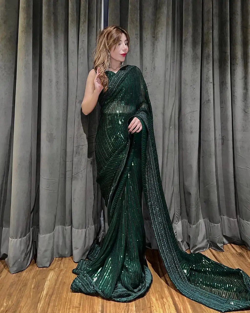 JR-620 Green Sequin Georgette With Embroidery Work Saree Casual, Party Wear, Wedding, Events Etc.4-6 Working Days @ 1748/- only | Sarees, Bollywood Sarees, Creative Sarees, Designer Sarees, Embroidered Sarees, Ethnic Saree, Modern Digital sarees, Party Wear Sarees