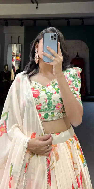 LNB 1021 Cream Color Grand Georgette Floral Printed Lehenga Choli Casual, Wedding, Festive, Events Expected Delivery 4-6 Working Days @2099/- | Lehenga, Bollywood Lehenga, Creative Lehenga, Designer Lehenga, Embroidered Lehenga, Party Wear Lehenga
