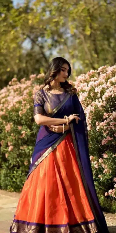 LNB 2001 Orange Color Peaceful Kanchipuram Zari Weaving Lehenga Choli Wedding, Festive, Events Expected Delivery 4-6 Working Days@2199/- Only | Lehenga, Bollywood Lehenga, Creative Lehenga, Designer Lehenga, Embroidered Lehenga, Party Wear Lehenga