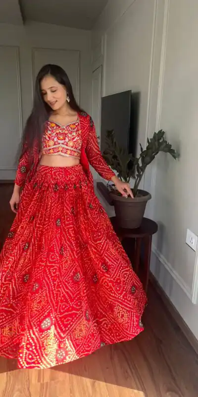  Ram 053 Red Pure Bandhrej Heavy Embroidery Sequence Lehenga Choli Wedding, Party, Festive, Events Etc.4-6 Working Days@ 2499/-only | Lehenga, Bollywood Lehenga, Creative Lehenga, Designer Lehenga, Embroidered Lehenga, Party Wear Lehenga