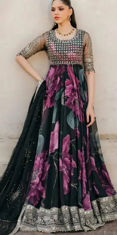 RTC 5772 Deep Purple And Black Color Foux Gorgette with digital print Wedding, Party, Festive, Events Etc.4-6 Working Days @2199/-only  | Gowns, Bollywood Gowns, Creative Gowns, Designer Gowns, Embroidered Gowns, Party Wear Gowns