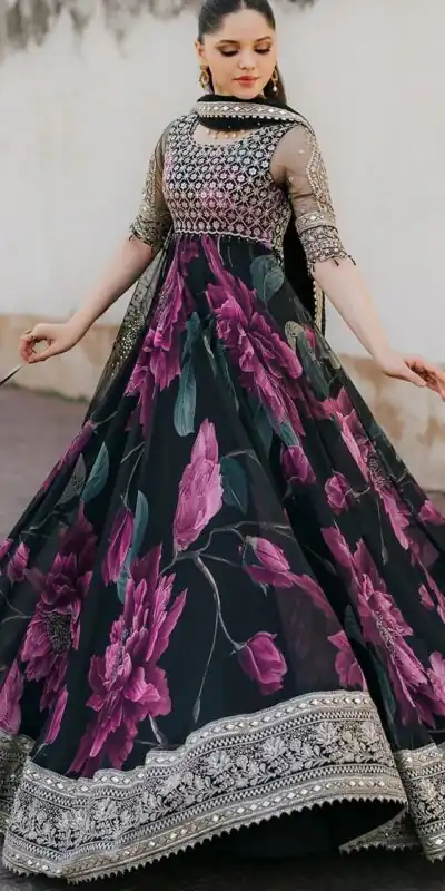 RTC 5772 Deep Purple And Black Color Foux Gorgette with digital print Wedding, Party, Festive, Events Etc.4-6 Working Days @2199/-only | Gowns, Bollywood Gowns, Creative Gowns, Designer Gowns, Embroidered Gowns, Party Wear Gowns