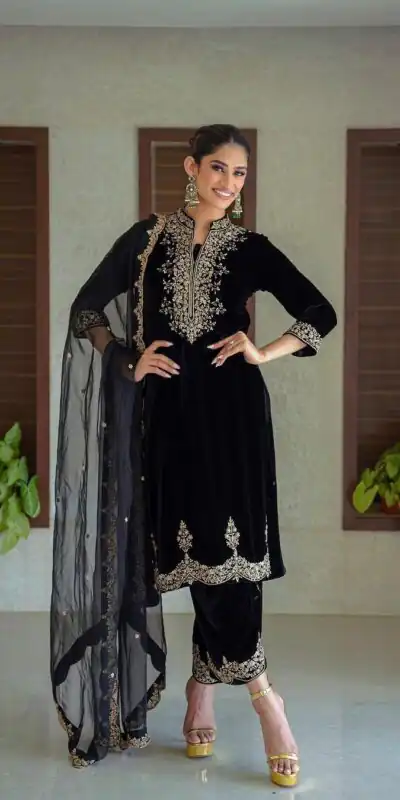 NSR 778 Black Color Heavy Viscose Velvet With Heavy Embroidery Sequence Work Wedding, Party, Festive, Events Etc.4-6 Working Days@2099/-only | Jump Suits, Salwar suit, Designer Suits, Casual Suits, Creative suits, Palazzo Suits, Party Wear Suits, Straight Suits