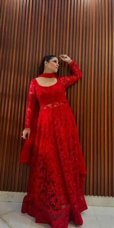 --RTC 5770 Red Color Buttrerfly Net Thread With Sequnce Kurti Casual, Wedding, Party, Festive, Events Etc.4-6 Working Days@2299/- only | Kurti, Bollywood Kurti, Creative Kurtis, Designer Kurti, Party Wear Kurti, Selfie Kurti