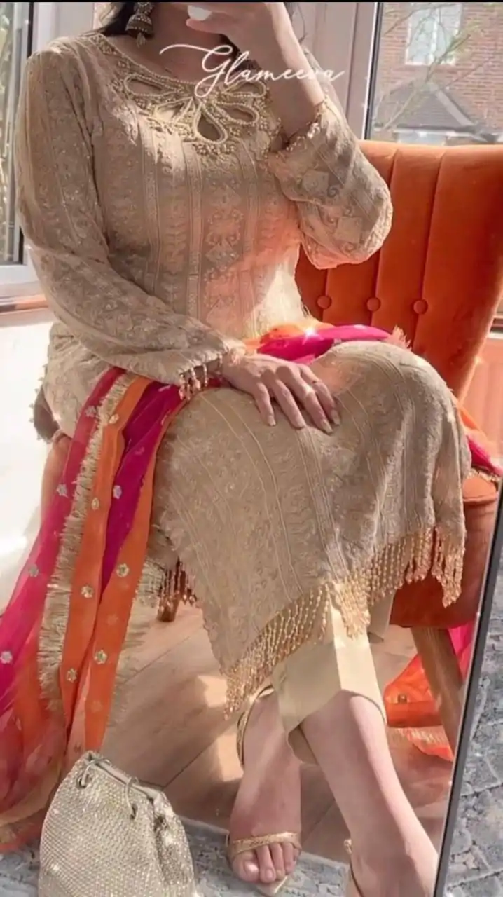 LG 1837Cream Faux Georgette Sequence Embroidery With Sharara Suit Wedding, Party, Festive, Events Etc.4-6 Working Days@2549/-only | Jump Suits, Salwar suit, Designer Suits, Casual Suits, Creative suits, Palazzo Suits, Party Wear Suits, Patiala Suits, Straight Suits