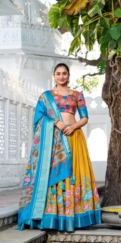 LNB 1234 Sky Blue Color Dola Silk Kalamkari Print Zari Border Lehenga Choli Wedding, Party, Festive, Events Etc. Delivery 4-6 Working Days Rs 2149 | Lehenga, Bollywood Lehenga, Creative Lehenga, Designer Lehenga, Embroidered Lehenga, Party Wear Lehenga