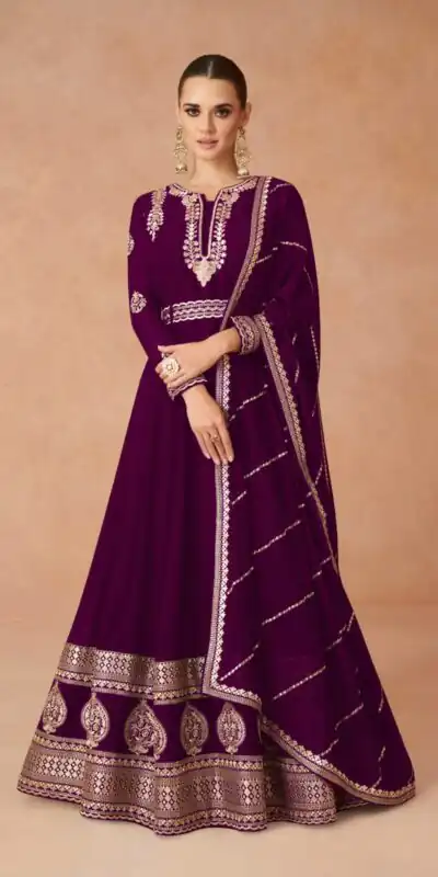 FC 9875 Wine Color Faux Georgette With Embroidery Work Anarkali Gown Wedding Party, Festive, Events Etc.4-6 Working Days@2549/- only | Gowns, Bollywood Gowns, Creative Gowns, Designer Gowns, Embroidered Gowns, Party Wear Gowns, Straight Suits