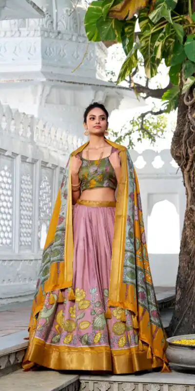 LNB 1234 Yellow Color Dola Silk Kalamkari Print Zari Border Lehenga Choli Wedding, Party, Festive, Events Etc. Delivery 4-6 Working Days Rs 2149 | Lehenga, Bollywood Lehenga, Creative Lehenga, Designer Lehenga, Embroidered Lehenga, Party Wear Lehenga
