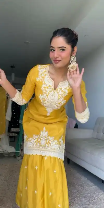 RTC 5827 Yellow  Color Chinnon Silk thread With Sequence Sharara Suit Wedding, Party, Festive, Events Etc.  Expected Delivery 4-6 Working Days @2399/- | Jump Suits, Salwar suit, Designer Suits, Casual Suits, Creative suits, Palazzo Suits, Party Wear Suits, Patiala Suits, Straight Suits