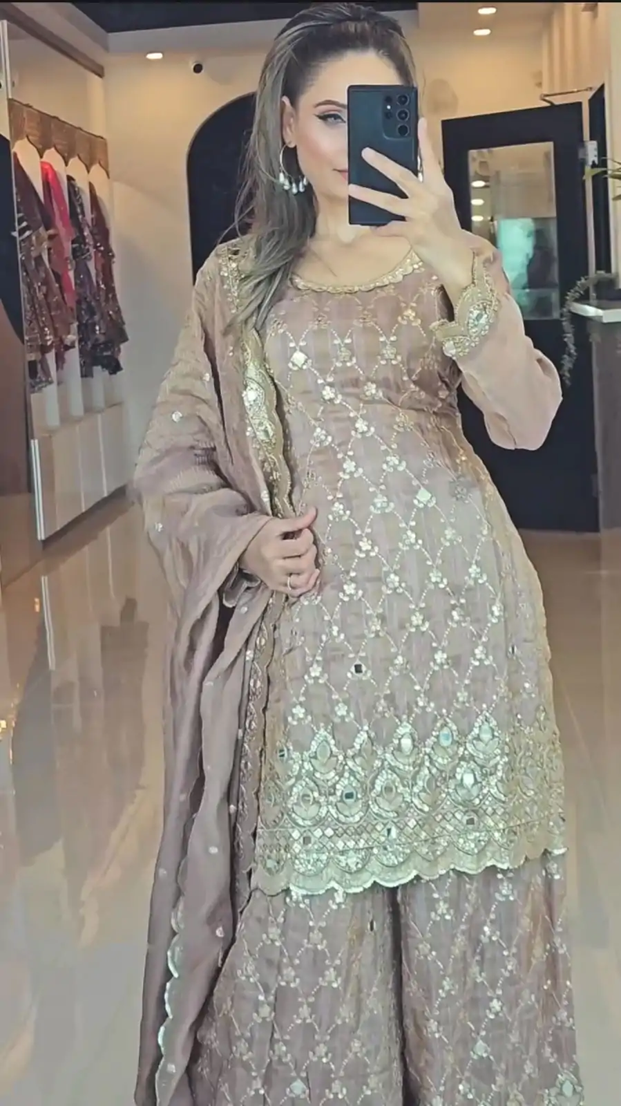 NSR 839 Cream Chinnon Silk Embroidery Sequence Work Real Mirror Hand Work Salwar Suit, Wedding, Party, Festive, Events Etc.4-6 Working Days@ 2049/-only | Jump Suits, Salwar suit, Designer Suits, Casual Suits, Creative suits, Palazzo Suits, Party Wear Suits, Patiala Suits, Straight Suits