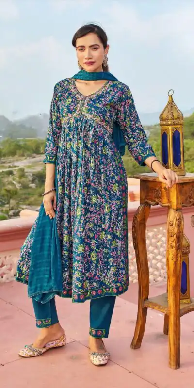 NILI Aliaa NX Blue Color Rayon Alia Cut With Embroidery Work Kurti Casual, Wedding, Party, Festive, Events Etc. 4-6 Working Days @1699/- | Kurti, Bollywood Kurti, Creative Kurtis, Designer Kurti, Party Wear Kurti, Selfie Kurti