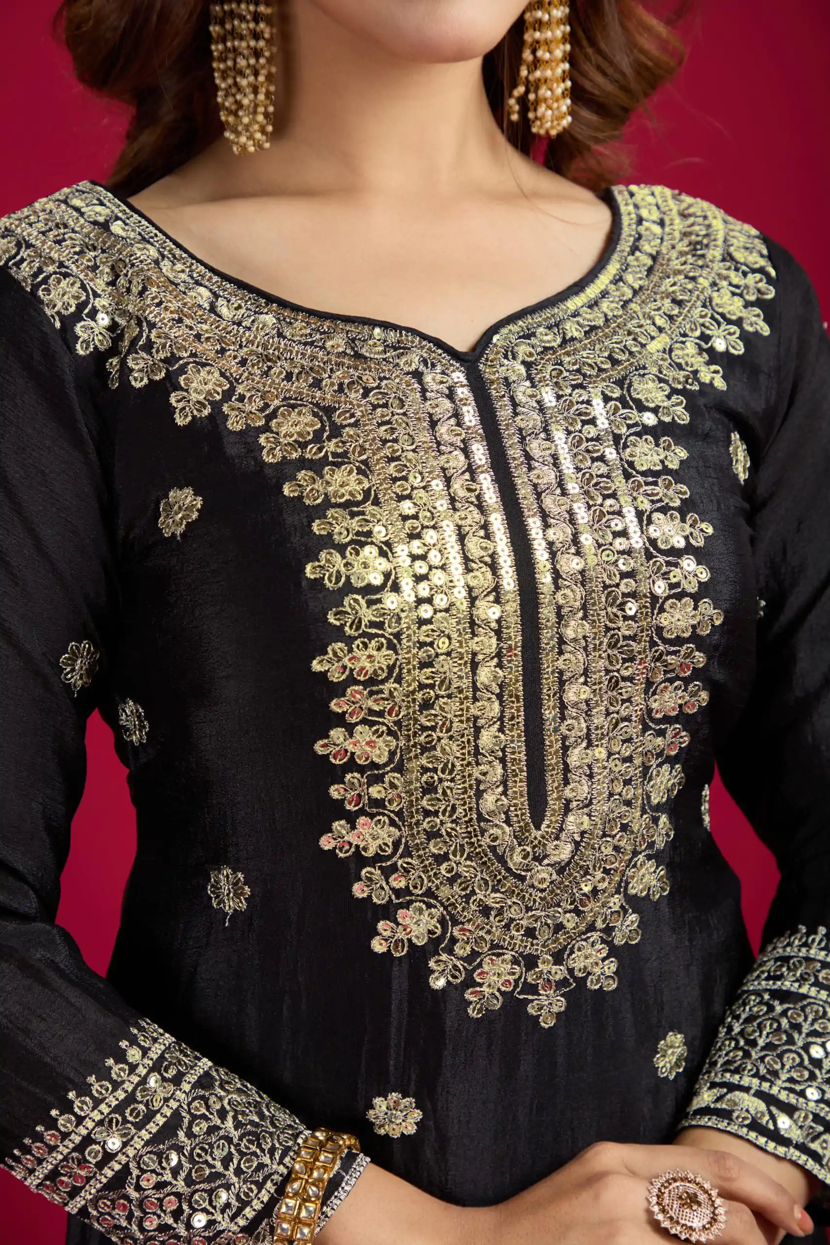 NSR-800 Black Color Chinnon Silk With Embroidery Work Sharara Suit Wedding, Party, Festive, Events Etc.  Expected Delivery 4-6 Working Days @2149/- | Jump Suits, Salwar suit, Designer Suits, Casual Suits, Creative suits, Palazzo Suits, Party Wear Suits, Patiala Suits, Straight Suits