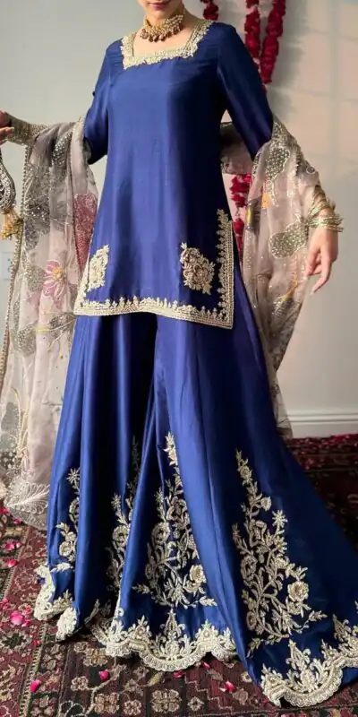LG 1872 Blue Color Chinnon Silk With Embroidery Work Sharara Suit Wedding, Party, Festive, Events Etc.  Expected Delivery 4-6 Working Days @2049/- | Jump Suits, Salwar suit, Designer Suits, Casual Suits, Creative suits, Palazzo Suits, Party Wear Suits, Patiala Suits, Straight Suits