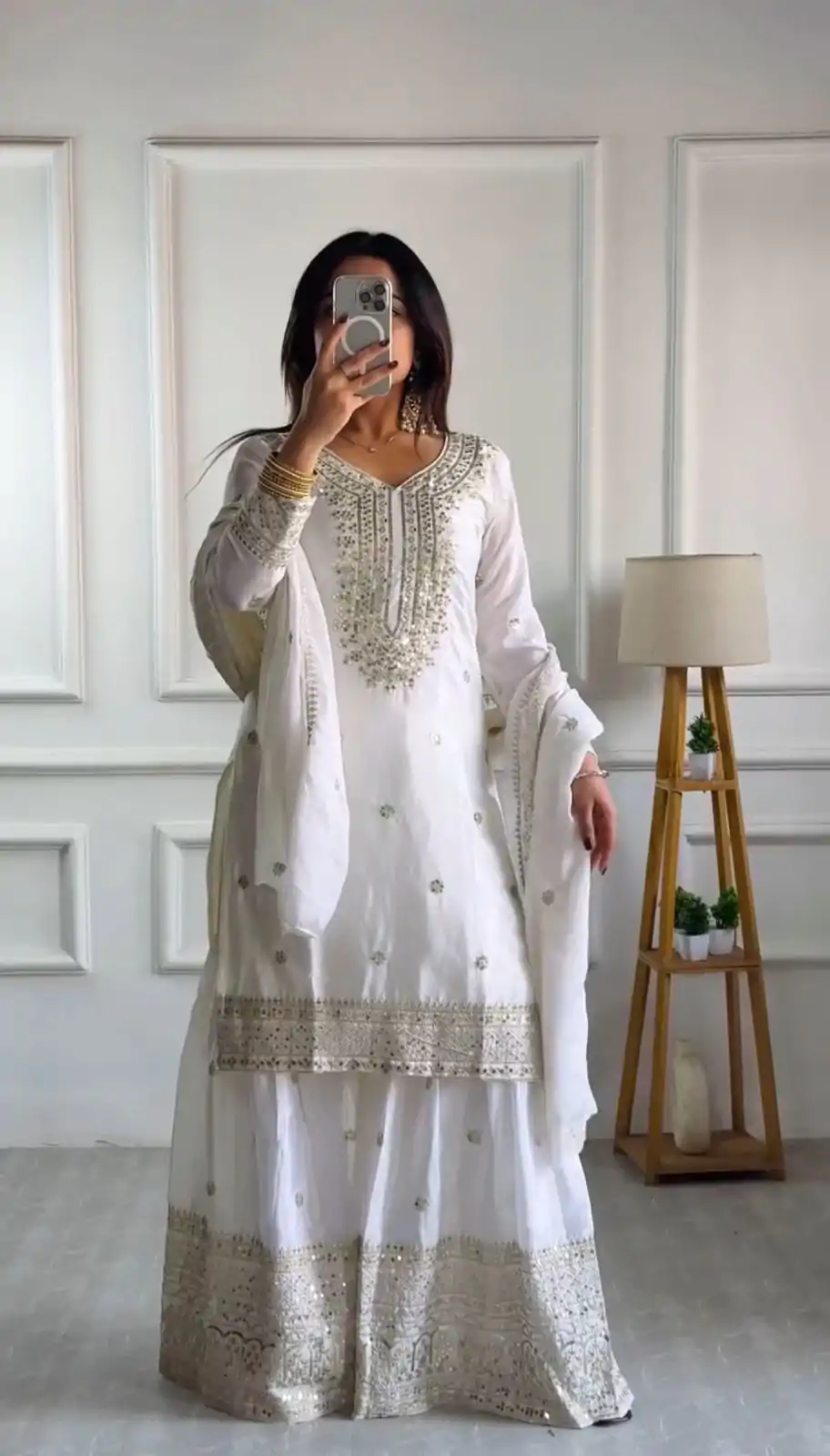 NSR-800 White Color Chinnon Silk With Embroidery Work Sharara Suit Wedding, Party, Festive, Events Etc.  Expected Delivery 4-6 Working Days @2149/- | Jump Suits, Salwar suit, Designer Suits, Casual Suits, Creative suits, Palazzo Suits, Party Wear Suits, Patiala Suits, Straight Suits