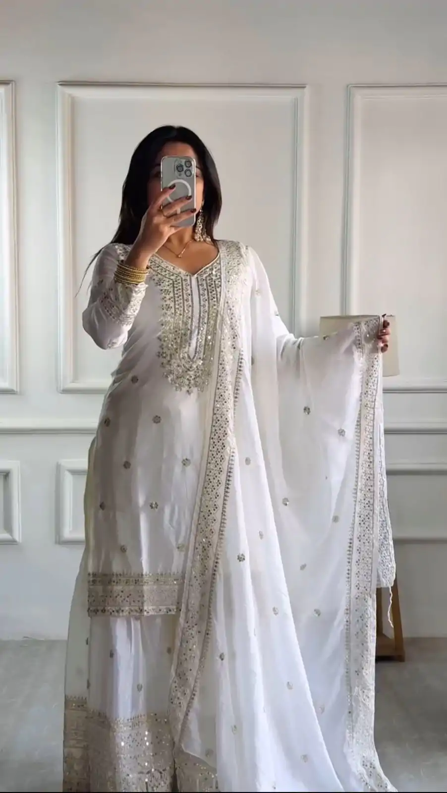 NSR-800 White Color Chinnon Silk With Embroidery Work Sharara Suit Wedding, Party, Festive, Events Etc.  Expected Delivery 4-6 Working Days @2149/- | Jump Suits, Salwar suit, Designer Suits, Casual Suits, Creative suits, Palazzo Suits, Party Wear Suits, Patiala Suits, Straight Suits