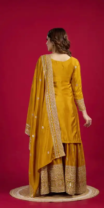 NSR-800 Yellow Color Chinnon Silk With Embroidery Work Sharara Suit Wedding, Party, Festive, Events Etc.  Expected Delivery 4-6 Working Days @2149/- | Jump Suits, Salwar suit, Designer Suits, Casual Suits, Creative suits, Palazzo Suits, Party Wear Suits, Patiala Suits, Straight Suits