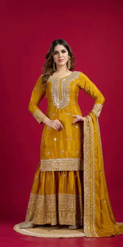 NSR-800 Yellow Color Chinnon Silk With Embroidery Work Sharara Suit Wedding, Party, Festive, Events Etc.  Expected Delivery 4-6 Working Days @2149/- | Jump Suits, Salwar suit, Designer Suits, Casual Suits, Creative suits, Palazzo Suits, Party Wear Suits, Patiala Suits, Straight Suits