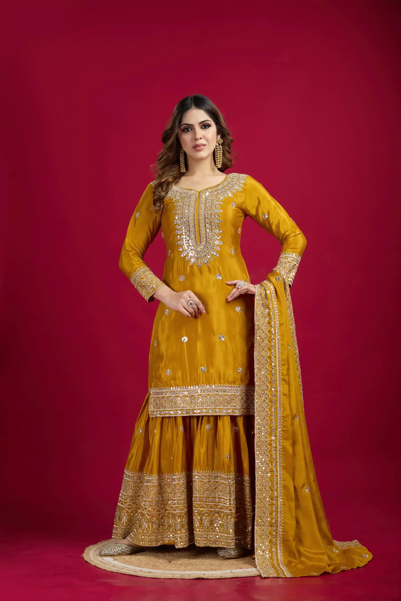 NSR-800 Yellow Color Chinnon Silk With Embroidery Work Sharara Suit Wedding, Party, Festive, Events Etc.  Expected Delivery 4-6 Working Days @2149/- | Jump Suits, Salwar suit, Designer Suits, Casual Suits, Creative suits, Palazzo Suits, Party Wear Suits, Patiala Suits, Straight Suits