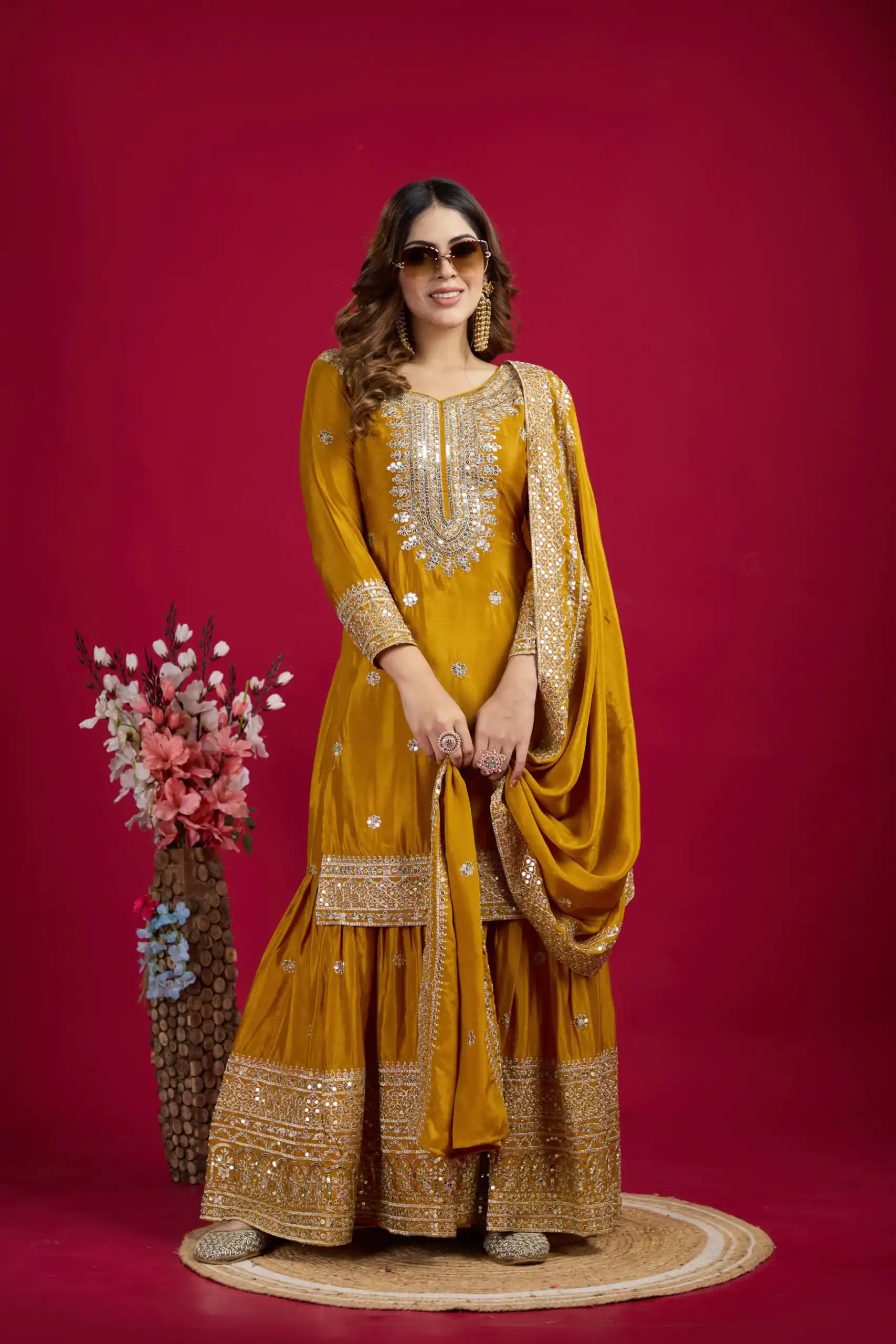 NSR-800 Yellow Color Chinnon Silk With Embroidery Work Sharara Suit Wedding, Party, Festive, Events Etc.  Expected Delivery 4-6 Working Days @2149/- | Jump Suits, Salwar suit, Designer Suits, Casual Suits, Creative suits, Palazzo Suits, Party Wear Suits, Patiala Suits, Straight Suits