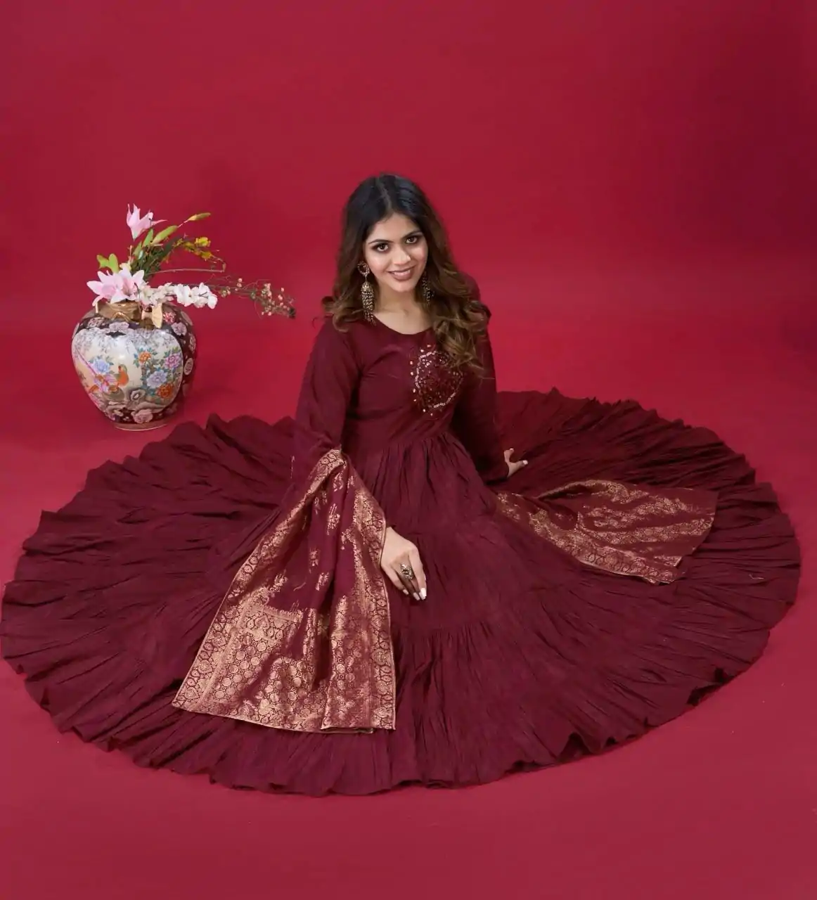 ZSR 3107 Maroon Color Roman Silk With Embroidery Sequence Work Anarkali Gown Wedding Party, Festive, Events Etc.4-6 Working Days@1999/- only | Gowns, Bollywood Gowns, Creative Gowns, Designer Gowns, Embroidered Gowns, Party Wear Gowns, Straight Suits