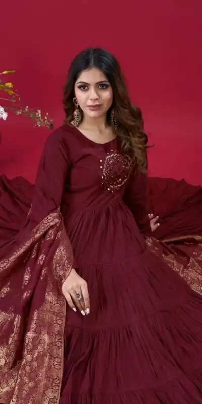 ZSR 3107 Maroon Color Roman Silk With Embroidery Sequence Work Anarkali Gown Wedding Party, Festive, Events Etc.4-6 Working Days@1999/- only | Gowns, Bollywood Gowns, Creative Gowns, Designer Gowns, Embroidered Gowns, Party Wear Gowns, Straight Suits