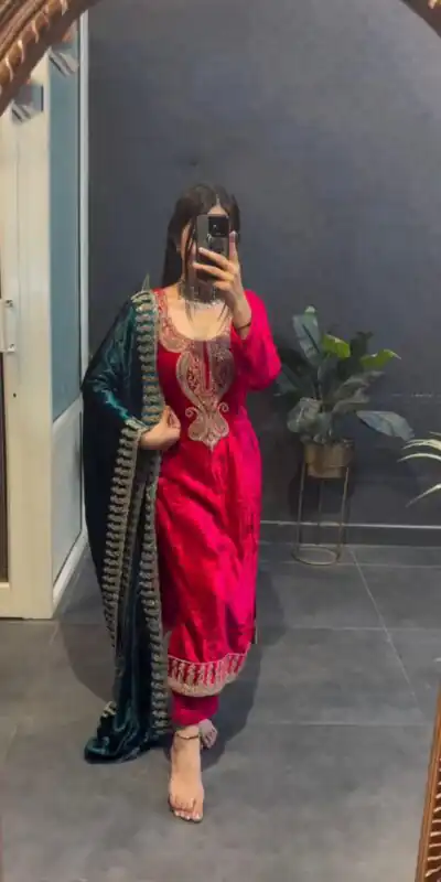 ZSR 3095 Red Color Velvet With Heavy Embroidery Sequence Salwar Suit Casual, Wedding, Party, Festive, Events Etc.4-6 Working Days@ 1999/-only  | Jump Suits, Salwar suit, Designer Suits, Casual Suits, Creative suits, Palazzo Suits, Party Wear Suits, Patiala Suits, Straight Suits