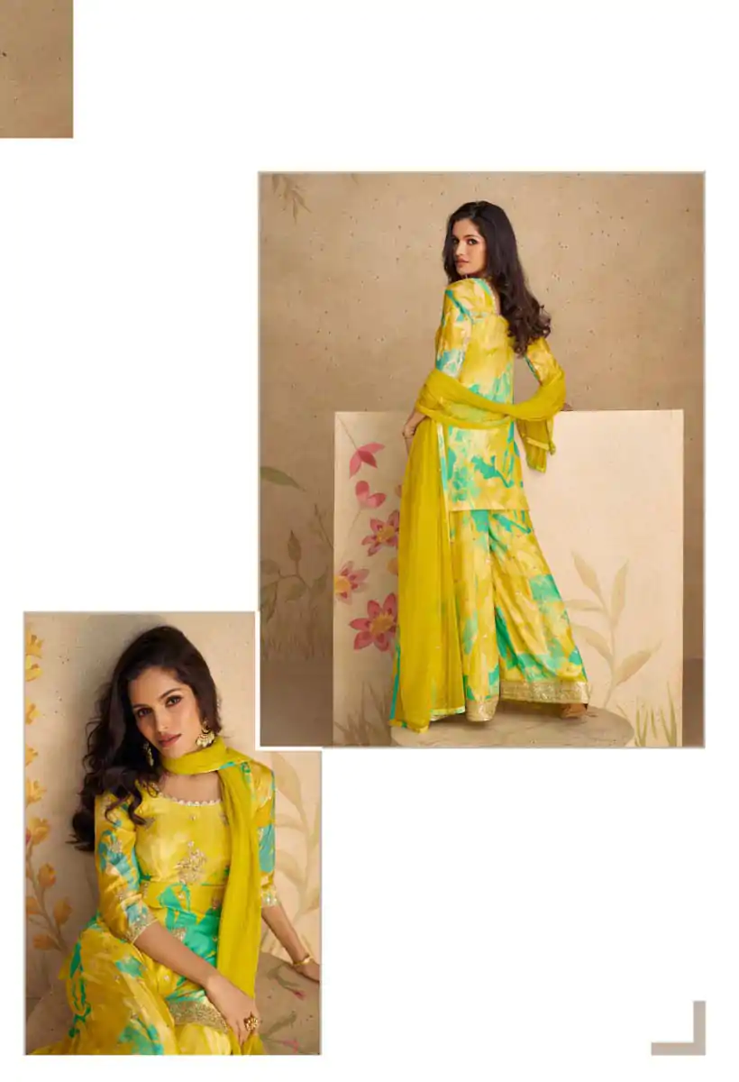 FC 5541 Mustad Yellow Color chinon Print Silk with Dall Crepe Sharara Suit Wedding, Party, Festive, Events Etc.  Expected Delivery 4-6 Working Days @2099/- | Jump Suits, Salwar suit, Designer Suits, Casual Suits, Creative suits, Palazzo Suits, Party Wear Suits, Patiala Suits, Straight Suits