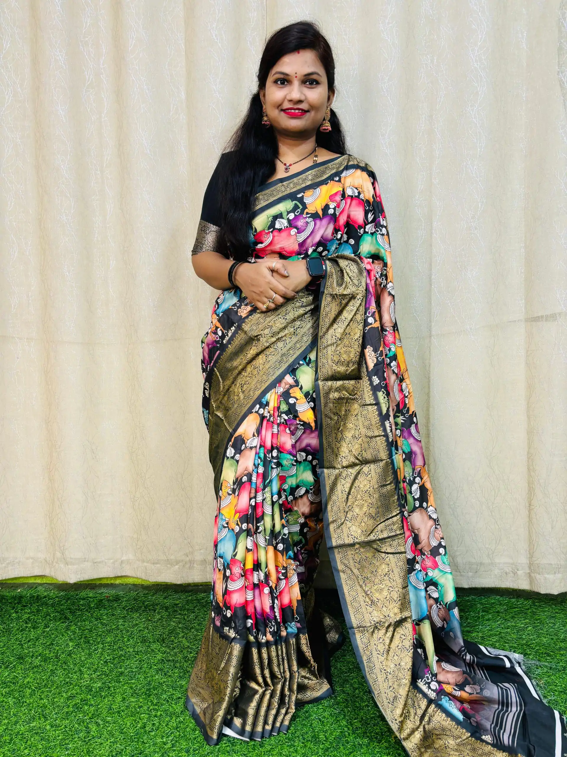 MS Kalamkari Black Color Jacquard Dola Silk With Kalamkari Print Saree Casual, Wedding, Festive, Events . Expected Delivery  4-6 Working Days @1549/- only | Sarees, Bollywood Sarees, Creative Sarees, Designer Sarees, Embroidered Sarees, Ethnic Saree, Modern Digital sarees, Party Wear Sarees