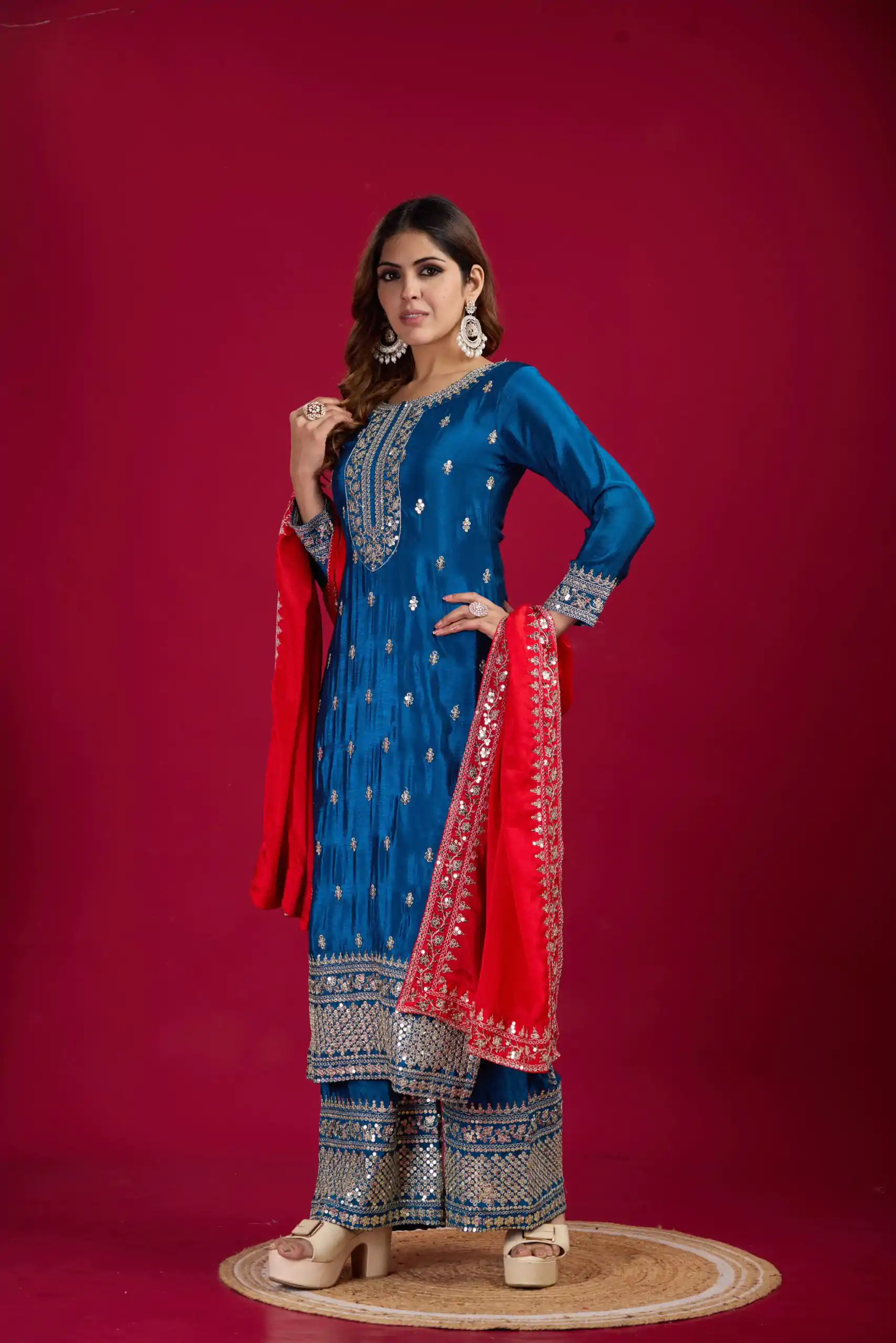 SRK 5231 Blue Color Pure Chinnon Silk With Embroidery Sequence Work Salwar Suit Casual, Wedding, Party, Festive, Events Etc.4-6 Working Days@ 1899/-only | Jump Suits, Salwar suit, Designer Suits, Casual Suits, Creative suits, Palazzo Suits, Party Wear Suits, Patiala Suits, Straight Suits