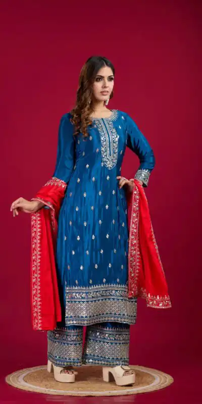 SRK 5231 Blue Color Pure Chinnon Silk With Embroidery Sequence Work Salwar Suit Casual, Wedding, Party, Festive, Events Etc.4-6 Working Days@ 1899/-only | Jump Suits, Salwar suit, Designer Suits, Casual Suits, Creative suits, Palazzo Suits, Party Wear Suits, Patiala Suits, Straight Suits
