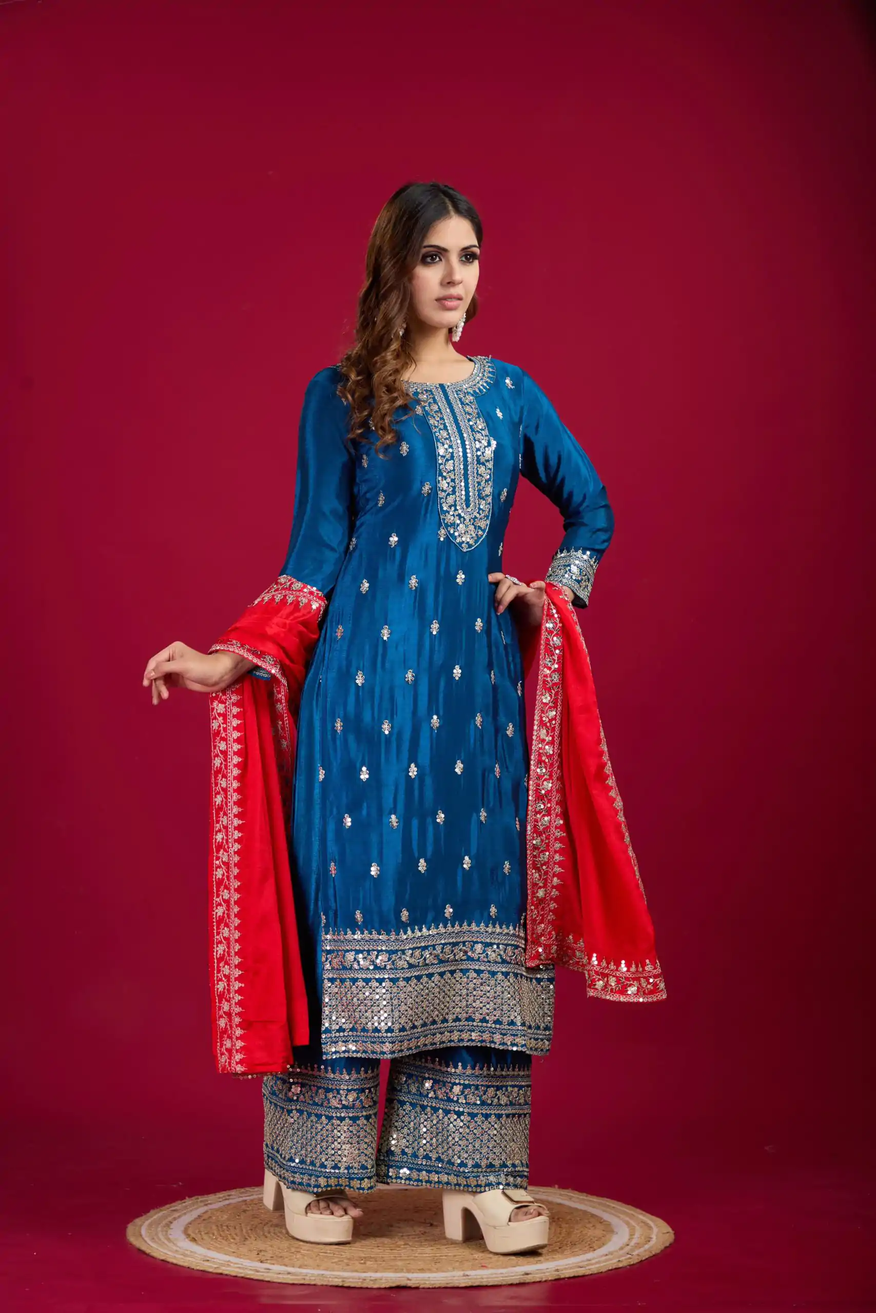 SRK 5231 Blue Color Pure Chinnon Silk With Embroidery Sequence Work Salwar Suit Casual, Wedding, Party, Festive, Events Etc.4-6 Working Days@ 1899/-only | Jump Suits, Salwar suit, Designer Suits, Casual Suits, Creative suits, Palazzo Suits, Party Wear Suits, Patiala Suits, Straight Suits