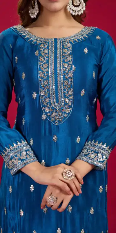 SRK 5231 Blue Color Pure Chinnon Silk With Embroidery Sequence Work Salwar Suit Casual, Wedding, Party, Festive, Events Etc.4-6 Working Days@ 1899/-only | Jump Suits, Salwar suit, Designer Suits, Casual Suits, Creative suits, Palazzo Suits, Party Wear Suits, Patiala Suits, Straight Suits