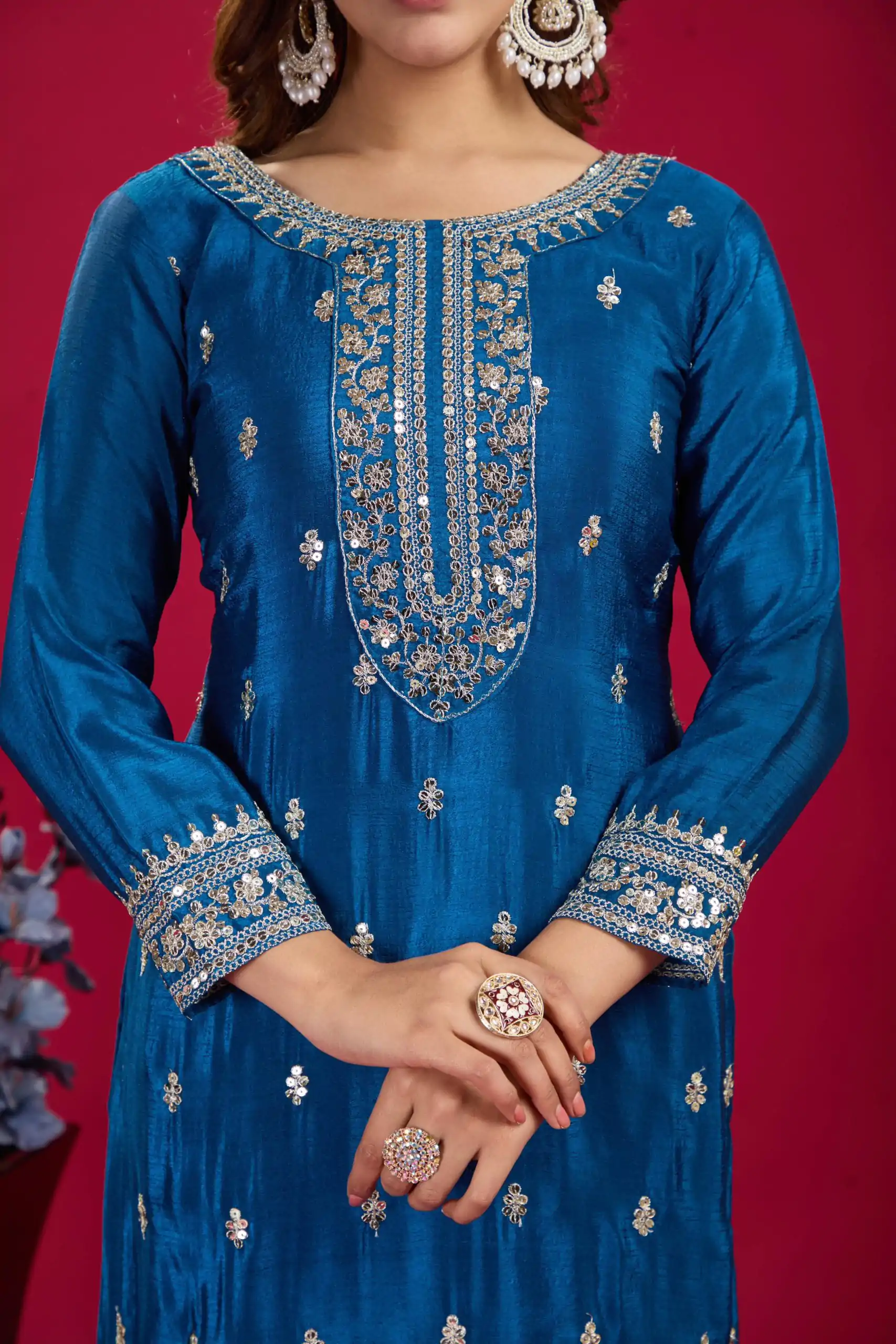 SRK 5231 Blue Color Pure Chinnon Silk With Embroidery Sequence Work Salwar Suit Casual, Wedding, Party, Festive, Events Etc.4-6 Working Days@ 1899/-only | Jump Suits, Salwar suit, Designer Suits, Casual Suits, Creative suits, Palazzo Suits, Party Wear Suits, Patiala Suits, Straight Suits