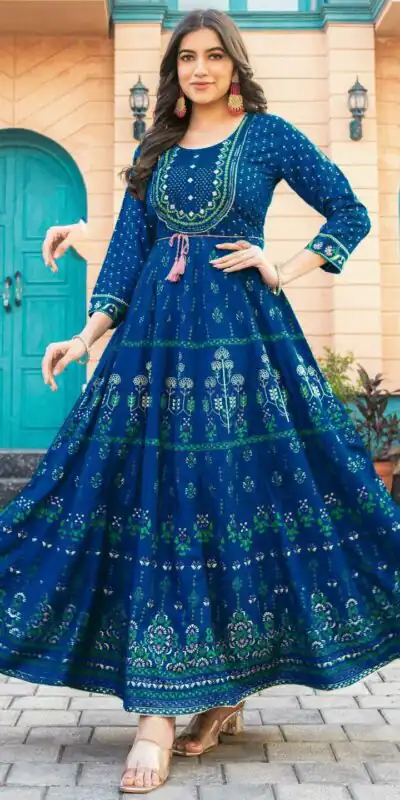  INLI Glam NX Blue Color Rayon Print Embroidery Work Long Anarkali Gown Wedding Party, Festive, Events Etc.4-6 Working Days@1699/- only | Gowns, Bollywood Gowns, Creative Gowns, Designer Gowns, Embroidered Gowns, Party Wear Gowns, Straight Suits