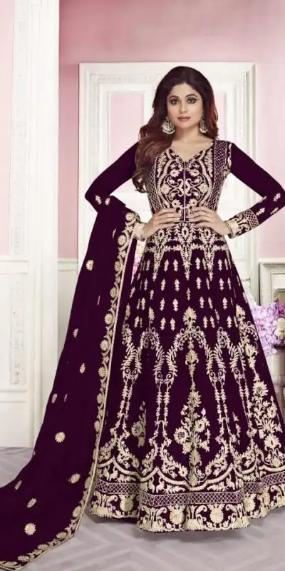 NSR 8266 Maroon Color Net With Chain Stich Stone Work Anarkali Gown Anarkali Gown Wedding Party, Festive, Events Etc.4-6 Working Days@2399/- only | Gowns, Bollywood Gowns, Creative Gowns, Designer Gowns, Embroidered Gowns, Party Wear Gowns, Straight Suits