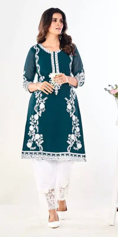 INLI Dark Green Color Georgette and Embroidery work Kurti With Pant Casual, Wedding, Party, Festive, Events Etc. Expected Delivery 4-6 Working Days @1649 | Kurti, Bollywood Kurti, Creative Kurtis, Designer Kurti, Party Wear Kurti, Selfie Kurti