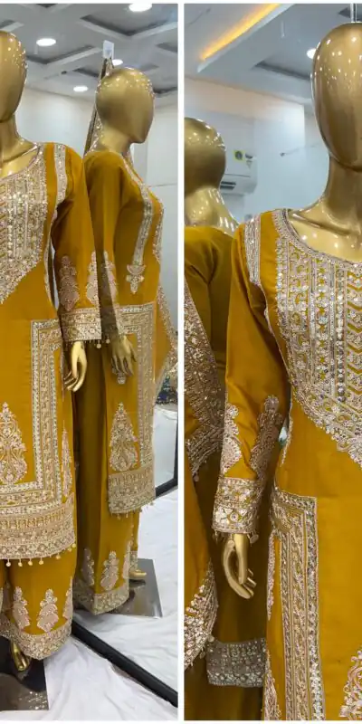 SRK 5237 Yellow Color Chinnon Silk With Embroidery Coding Dori-Sequence Work Salwar Suit , Wedding, Party, Festive, Events Etc.4-6 Working Days@ 2399/- | Jump Suits, Salwar suit, Designer Suits, Casual Suits, Creative suits, Palazzo Suits, Party Wear Suits, Patiala Suits, Straight Suits