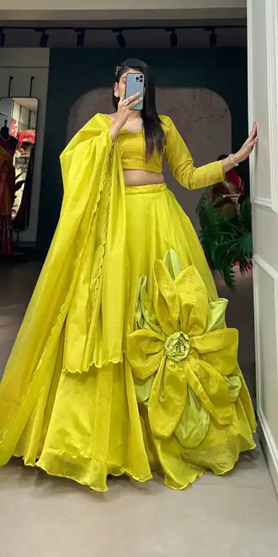 LNB 1650 Parrot Green Color Raj wadi Chanderi Silk Hand Made Flower Lehenga Choli Wedding, Party, Festive, Events Etc. Delivery 4-6 Working Days Rs 1999 | Lehenga, Bollywood Lehenga, Creative Lehenga, Designer Lehenga, Embroidered Lehenga, Party Wear Lehenga
