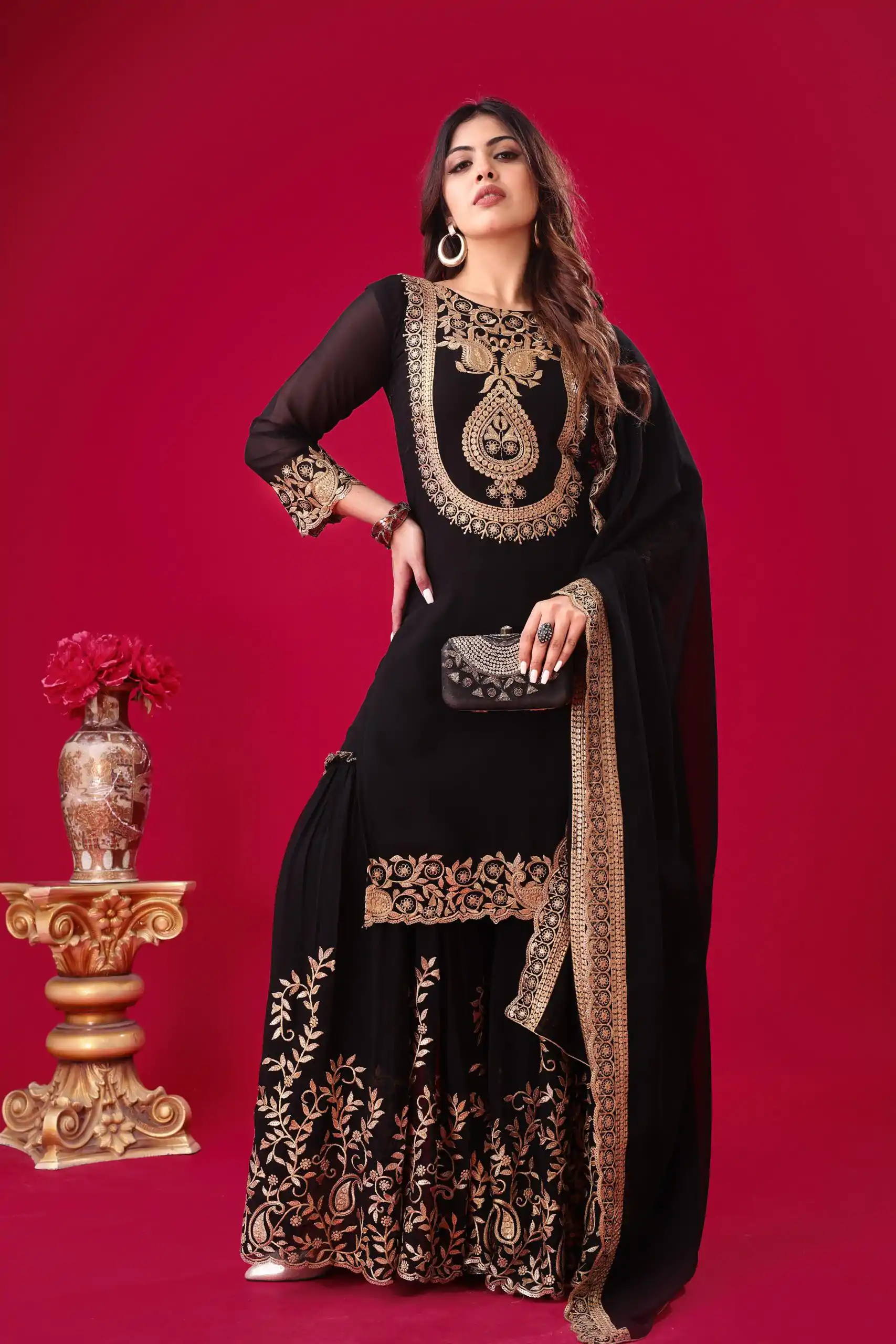 SRK-5242 Black Faux Georgette With Embroidery Sequence Thread Work Salwar Suit  Casual, Wedding, Party, Festive, Events Etc.4-6 Working Days@ 2099/-only | Jump Suits, Salwar suit, Designer Suits, Casual Suits, Creative suits, Palazzo Suits, Party Wear Suits, Patiala Suits, Straight Suits