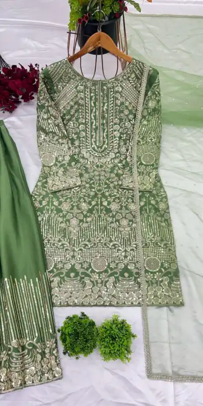 ZSR 3103 Green Chinnon Silk 5mm Embroidery Sequence With Moti Work Salwar Suit Casual, Wedding, Party, Festive, Events Etc.4-6 Working Days@ 2099/-only | Jump Suits, Salwar suit, Designer Suits, Casual Suits, Creative suits, Palazzo Suits, Party Wear Suits, Patiala Suits, Straight Suits