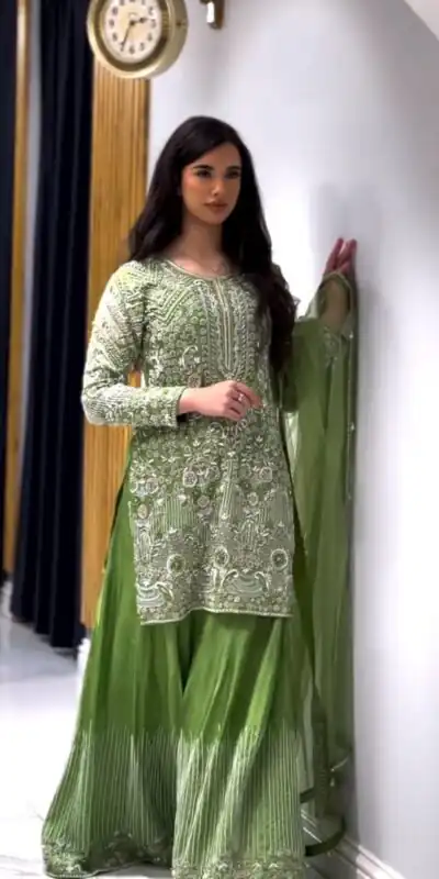 ZSR 3103 Green Chinnon Silk 5mm Embroidery Sequence With Moti Work Salwar Suit Casual, Wedding, Party, Festive, Events Etc.4-6 Working Days@ 2099/-only | Jump Suits, Salwar suit, Designer Suits, Casual Suits, Creative suits, Palazzo Suits, Party Wear Suits, Patiala Suits, Straight Suits