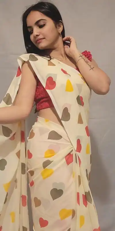 SC 215 Half White Color Soft Georgette Silk Digital Print Heart Design Ready To Wear Saree Wedding, Festive, Events .Expected Delivery 4-6 Working Days@1499                                                                                                                                         | Sarees, Bollywood Sarees, Creative Sarees, Designer Sarees, Embroidered Sarees, Ethnic Saree, Modern Digital sarees, Party Wear Sarees