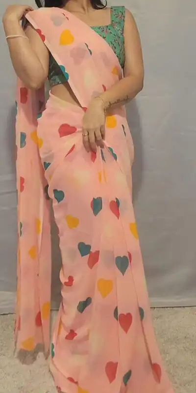 SC 215 Peach Color Soft Georgette Silk Digital Print Heart Design Ready To Wear Saree, Wedding, Festive, Events . Expected Delivery  4-6 Working Days @1499/                                                                                                                                            | Sarees, Bollywood Sarees, Creative Sarees, Designer Sarees, Embroidered Sarees, Ethnic Saree, Modern Digital sarees, Party Wear Sarees