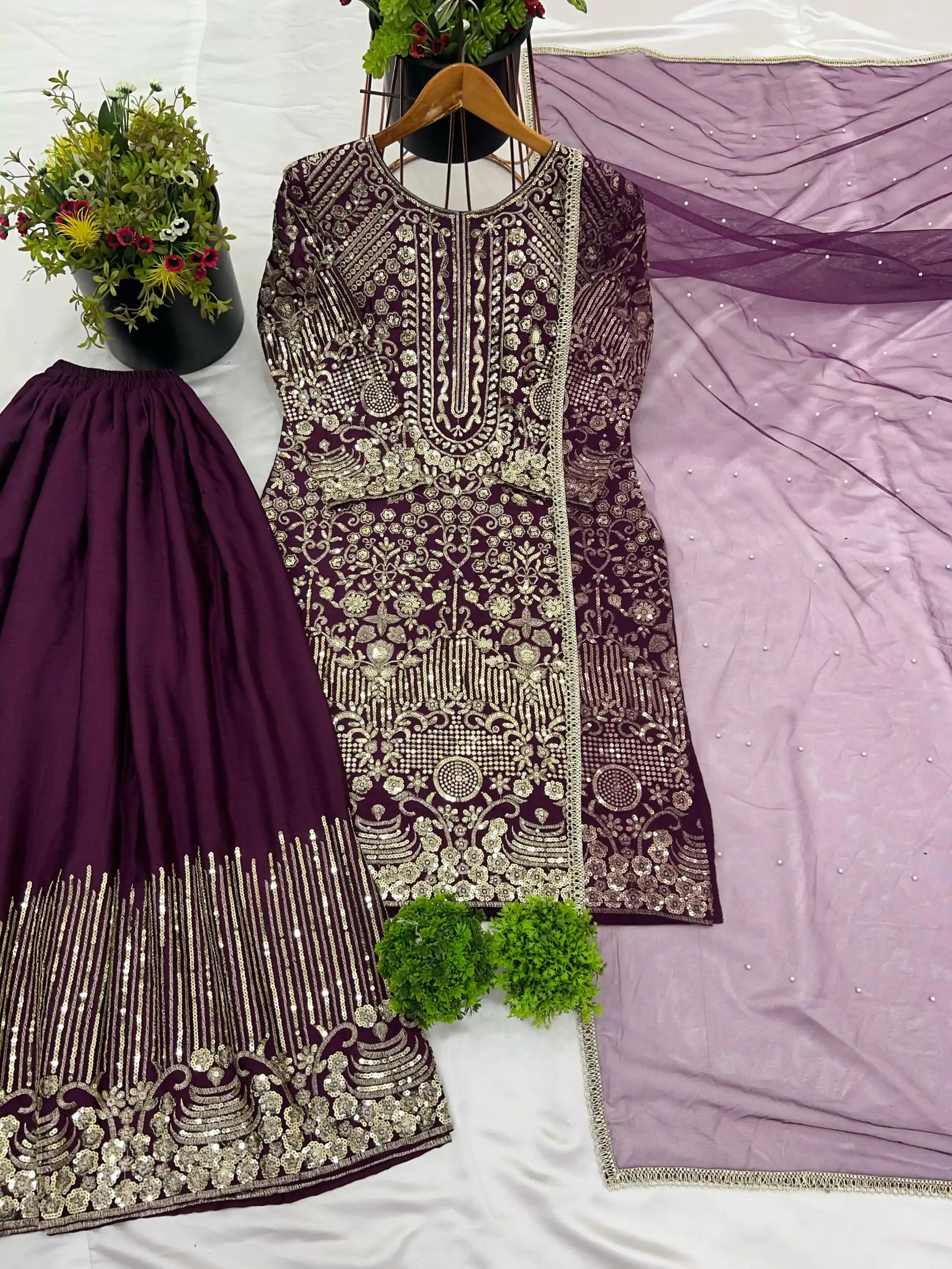 ZSR 3103 Wine Chinnon Silk 5mm Embroidery Sequence With Moti Work Salwar Suit Casual, Wedding, Party, Festive, Events Etc.4-6 Working Days@ 2099/-only | Jump Suits, Salwar suit, Designer Suits, Casual Suits, Creative suits, Palazzo Suits, Party Wear Suits, Patiala Suits, Straight Suits