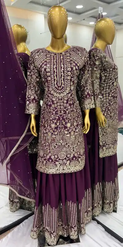 ZSR 3103 Wine Chinnon Silk 5mm Embroidery Sequence With Moti Work Salwar Suit Casual, Wedding, Party, Festive, Events Etc.4-6 Working Days@ 2099/-only | Jump Suits, Salwar suit, Designer Suits, Casual Suits, Creative suits, Palazzo Suits, Party Wear Suits, Patiala Suits, Straight Suits