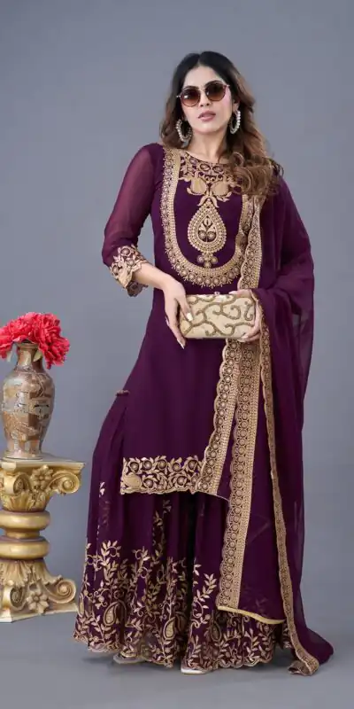 SRK-5242 Wine Faux Georgette With Embroidery Sequence Thread Work Salwar Suit  Casual, Wedding, Party, Festive, Events Etc.4-6 Working Days@ 2099/-only | Jump Suits, Salwar suit, Designer Suits, Casual Suits, Creative suits, Palazzo Suits, Party Wear Suits, Patiala Suits, Straight Suits